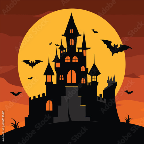 Haunted Castle with Full Moon and Flying Bats.