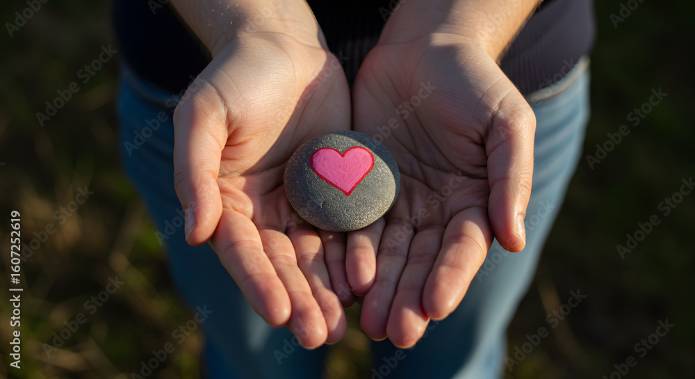 two human hands gently holding a small smooth stone with a pink heart painted on it. The hands are open and cupped together, two human hands gently holding a small smooth stone with a pink heart painted on it. The hands are open and cupped together,