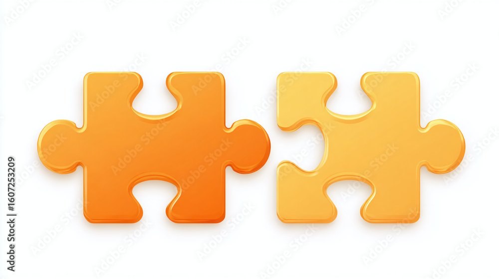 Two puzzle pieces, one bright orange and the other light yellow, sit side-by-side against a pristine white background, ready to be connected. Two puzzle pieces, one bright orange and the other light yellow, sit side-by-side against a pristine white background, ready to be connected.