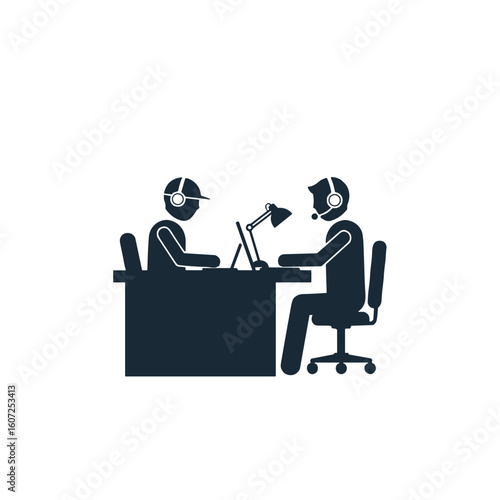 Two men collaborating at desk with laptops and headsets in office  