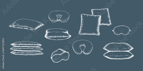 Pillow collection sketch illustration. Bedroom items, comfortable home, hotel decor sketch illustration. Relaxation, sleep, rest, comfort and relax. Vector line art clipart, isolated