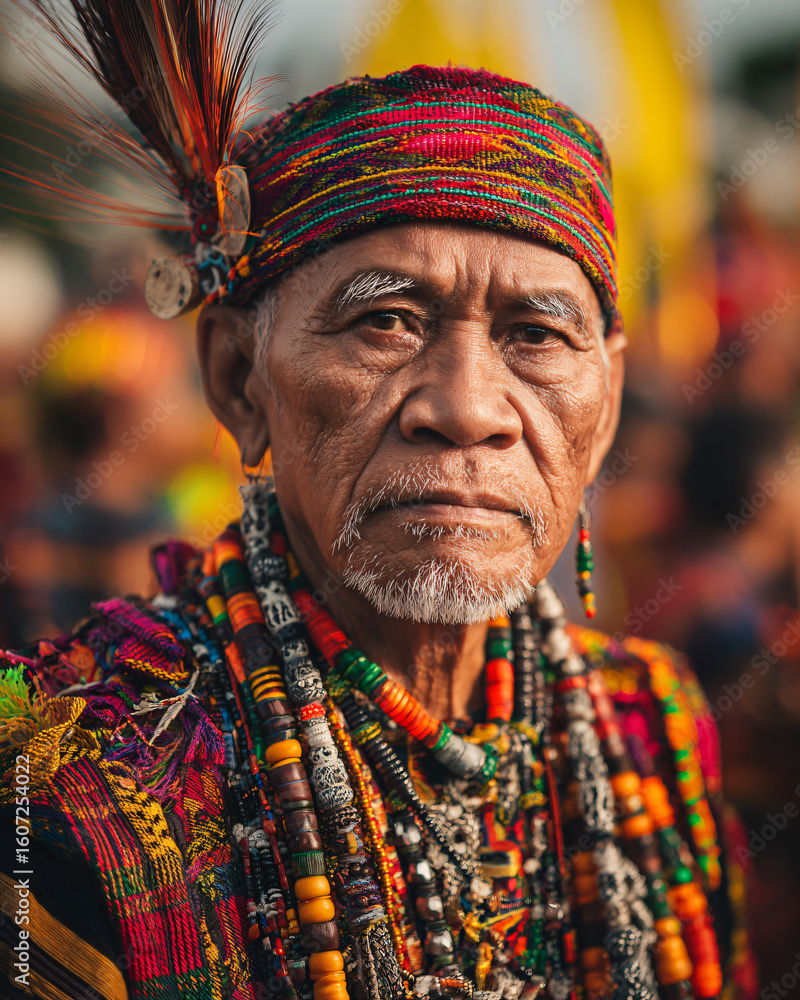 Obraz premium Photo of a tribal elder at the Kadayawan Festival in Davao City, wearing traditional clothing of the Lumad people, colorful woven fabrics and hand-crafted jewelry. 