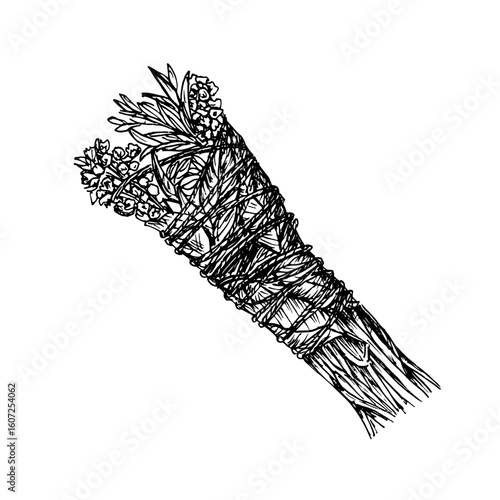 Smoldering herbs, smudge stick for fumigation, herbal incense sketch illustration in engraving style. Hand-drawn vector line art drawing clipart