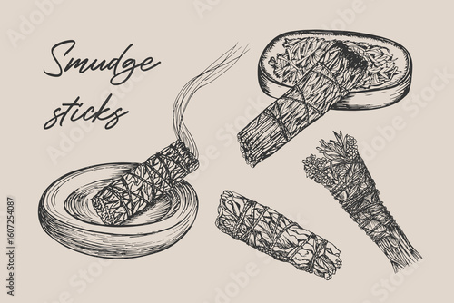 Smoldering herbs for fumigation vector sketch drawing set. Smudge stick incense collection illustration in engraving style. Hand drawn line art clipart