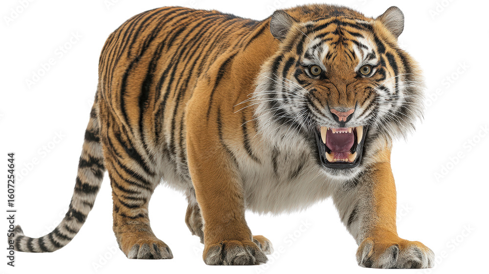 Naklejka premium Fierce tiger snarling with ears back and eyes narrowed isolated on a Transparent background, PNG file.