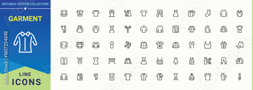 Garment icon pack. Minimalist linear icons. Vector illustration in modern line style. Suit icon set. Contains outline symbols like suit, clothing, textile, shirt and more.