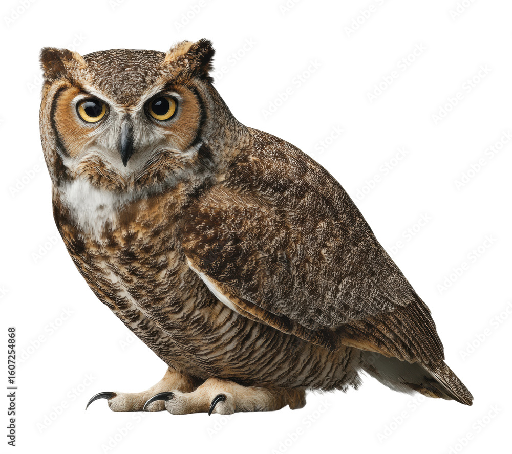 Naklejka premium Majestic great horned owl in natural habitat animal wildlife perspective isolated on transparent background