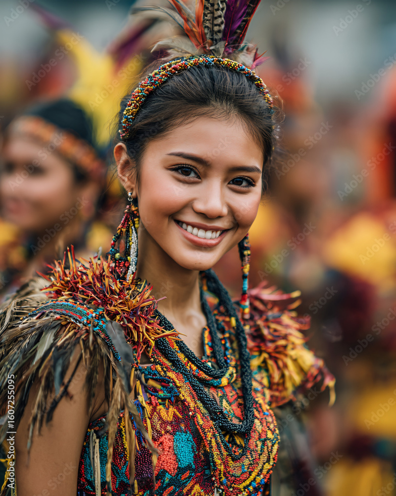 Fototapeta premium Close-up of a young dancer in colorful tribal costume during Kadayawan Festival, wearing ornate beadwork and natural fiber accessories, smiling confidently.