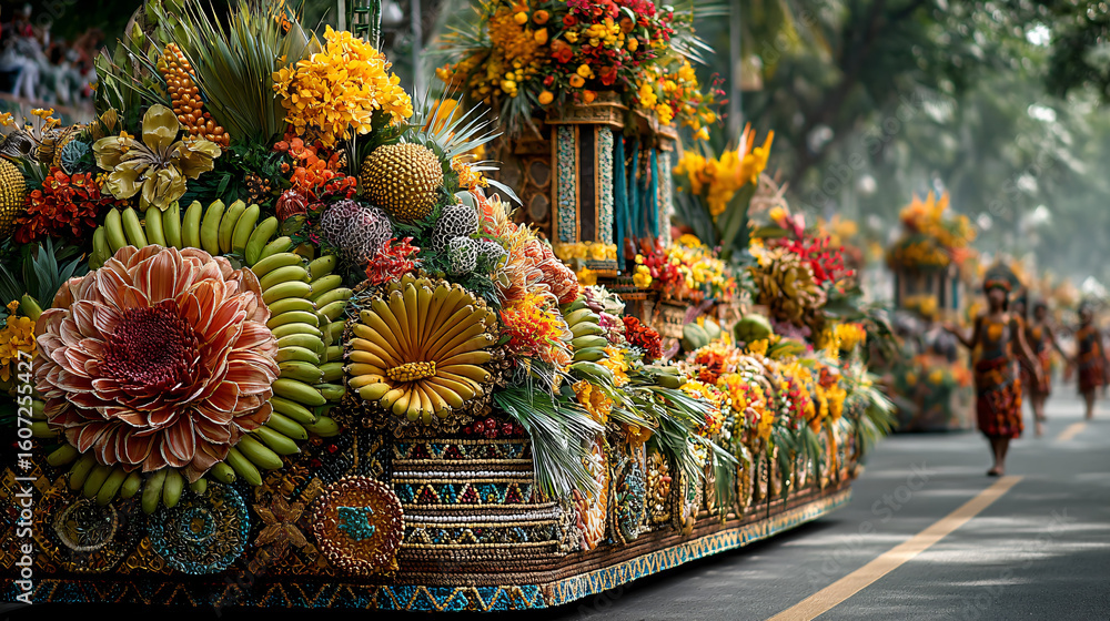 Naklejka premium Celebratory Kadayawan Festival float featuring massive arrangements of bananas, durians, and tropical flowers, with traditional patterns and symbols of indigenous Filipino culture.