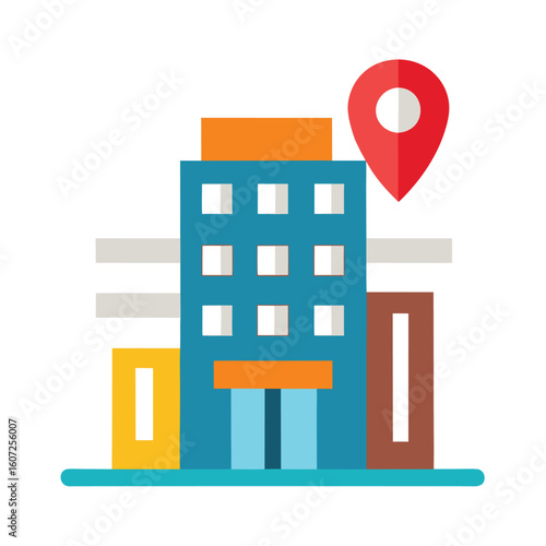 Modern multistory hotel building illustration with a prominent map pin marker indicating location and destination