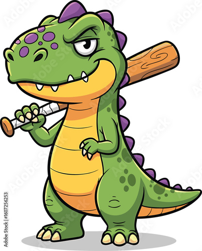Cartoon dinosaur character holding a baseball bat ready to play a sport with grin