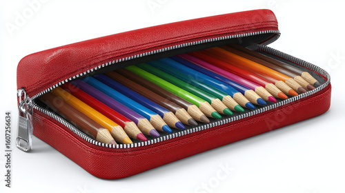 Wallpaper Mural A red pencil case, partially zipped open, reveals a colorful collection of sharpened pencils arranged neatly inside, ready for creative endeavors. Torontodigital.ca