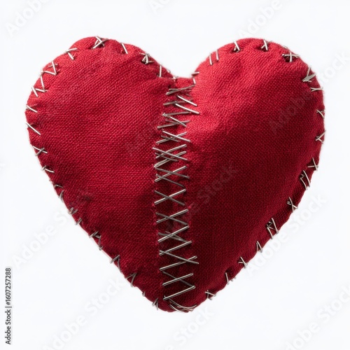 Handmade red fabric heart with stitching isolated on white background