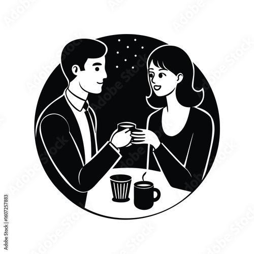 Monochromatic illustration of a couple drinking tea or coffee together indoors