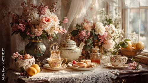 Vintage Tea Set Display with Fresh Flowers and Delicate Pastries
