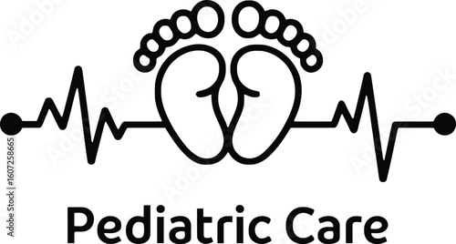 Pediatric Healthcare Logo:  Modern, Minimalist Baby Footprints with Heartbeat Graphic.