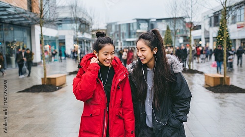 Two young Asian women in winter jackets enjoying a day out at a busy shopping center.
