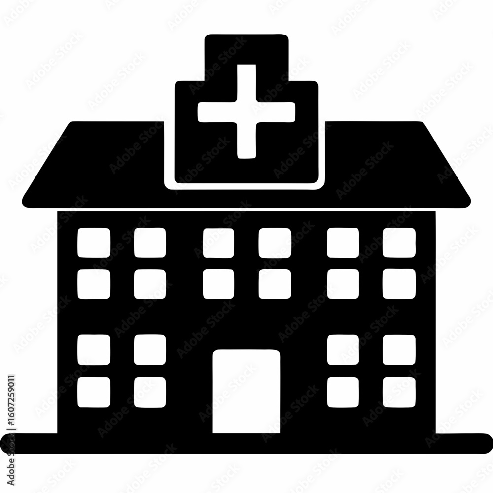 Obraz premium Modern Hospital Building Silhouette Icon – Black Vector Medical Architecture Design