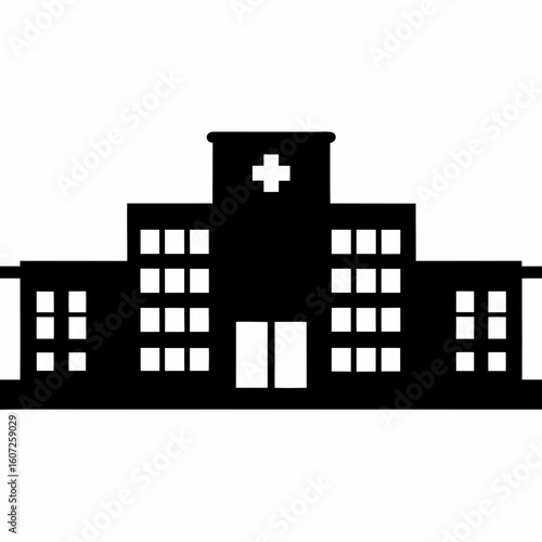 Modern Hospital Building Silhouette Icon – Black Vector Medical Architecture Design