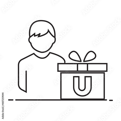 Customer gift box icon in outline style representing reward loyalty program marketing giveaway bonus referral user benefit and promotional present

