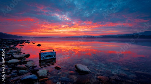A vintage boombox reflecting on serene waters at sunset.