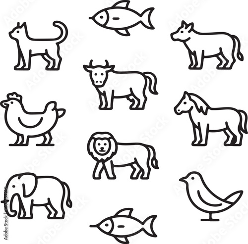 Animals and Wildlife Line Icons – Domestic, Farm, and Wild Fauna Vector Set