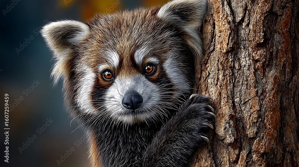 Fototapeta premium A red panda climbing up a tree trunk with determination, its claws gripping the bark and tail balancing its motion.