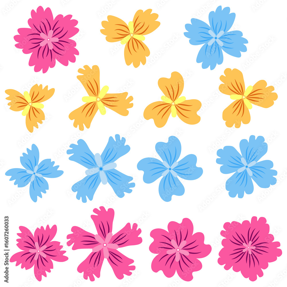 Fototapeta premium Wild and garden flowers, leaves. Modern vector botanical illustrations, hand drawn floral design elements