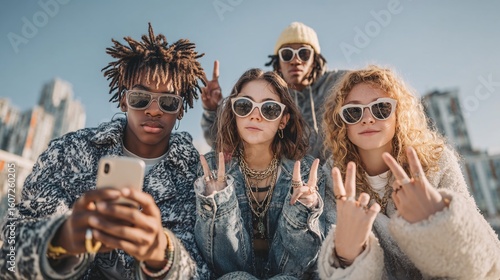Stylish Group of Friends Enjoying Day Outdoors with Sunglasses