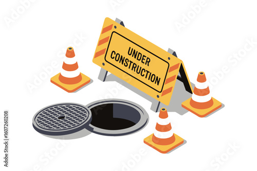 Isometric view of under construction sign road cones and open sewer manhole