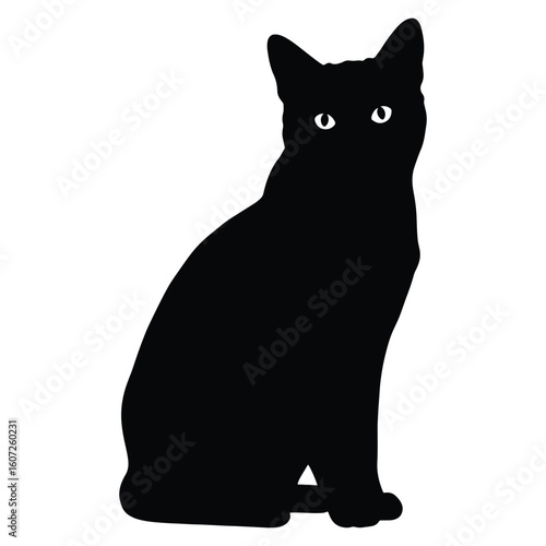 Silhouette of a sitting black cat isolated on white background with piercing eyes