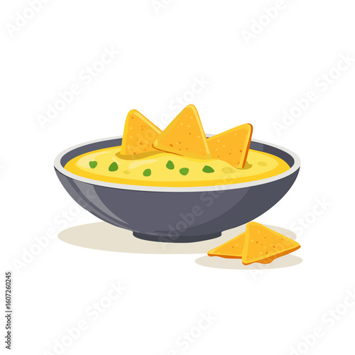 A close-up image of a bowl of delicious nachos. The bowl is filled with creamy cheese, with tortilla chips ready to be dipped