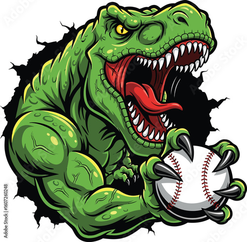 Fierce green tyrannosaurus rex dinosaur breaks through holding a baseball for sports design