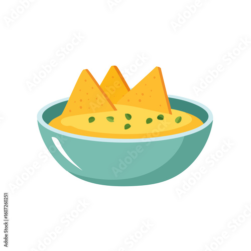 A bowl of delicious nachos with cheesy dip, ready to be devoured. The vibrant colors make it inviting, with a close-up perspective that highlights the food