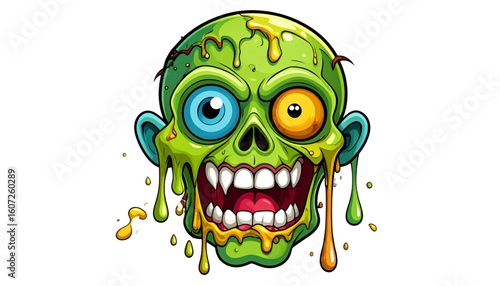 A cartoon zombie head with dripping slime, featuring mismatched eyes and a wide, toothy grin.