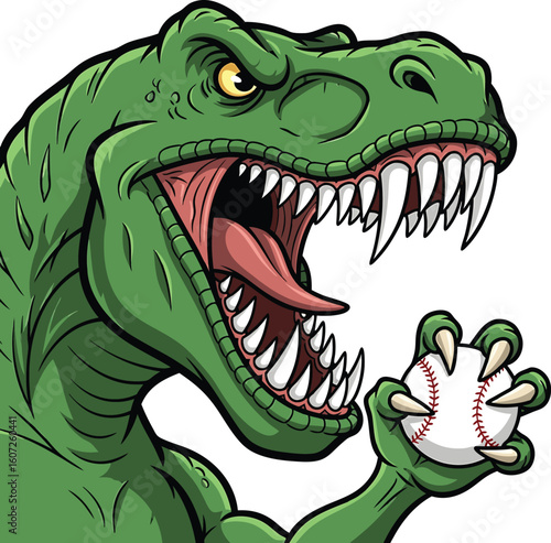 Fierce green dinosaur character holding a baseball ready to play the sport