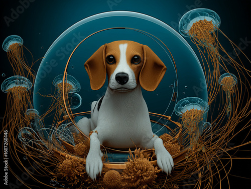 A beagle deep-sea diving in a high-tech mini-submarine, exploring a coral reef full of jellyfish. 