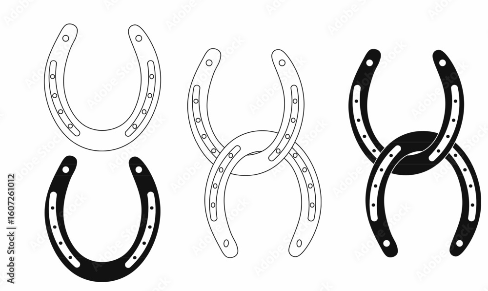 Fototapeta premium Set of vector horseshoe and two horseshoes conneted icons in outline,silhouette black and white. Symbol of luck and protection, includes single and interlocked designs. Ideal for logos, tattoos
