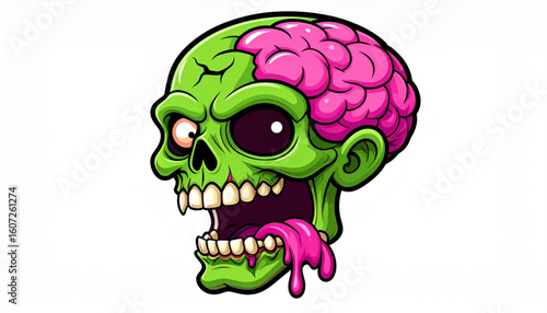 Cartoon zombie head with exposed brain and tongue, green skin, and a menacing expression against a white background.