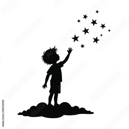 Boy reaching for stars silhouette clouds