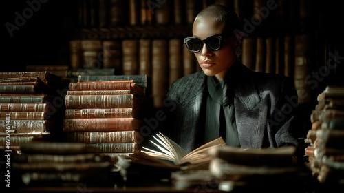 Stylish Woman Reading in Library Surrounded by Antique Books