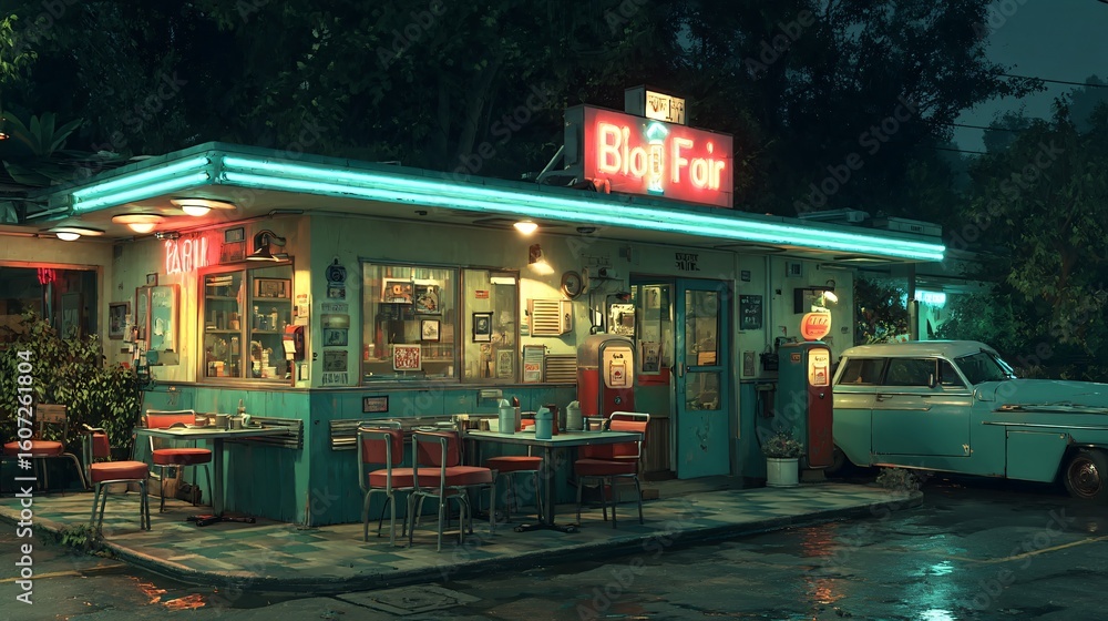Obraz premium Retro Diner at Night with Neon Lights and Classic Car in Rain