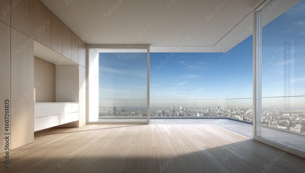 Fototapeta premium Empty modern apartment with panoramic city view.