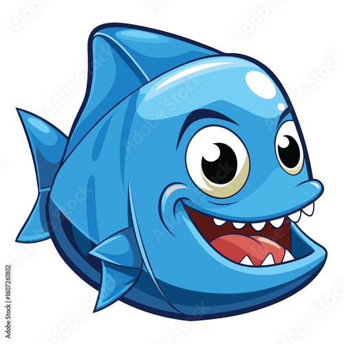Smiling blue cartoon shark head with sharp teeth