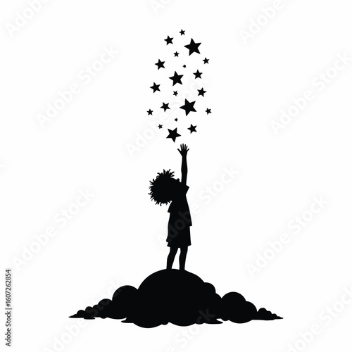 Child reaching for stars silhouette night sky