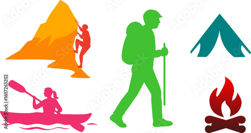 Outdoor adventure activities vector illustration climbing hiking kayaking camping bonfire design