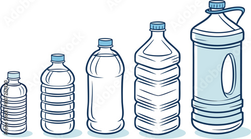 Many water bottles isolated on white. a vector illustration of a lineup of various plastic water bottles in increasing size. ach bottle should have a distinct design,