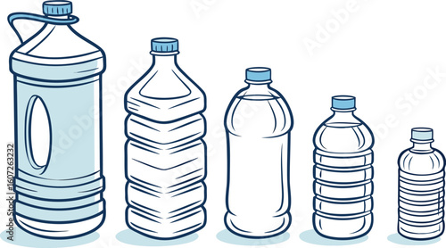 Many water bottles isolated on white. a vector illustration of a lineup of various plastic water bottles in increasing size. ach bottle should have a distinct design,