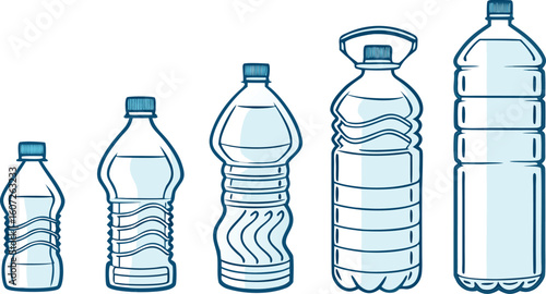Many water bottles isolated on white. a vector illustration of a lineup of various plastic water bottles in increasing size. ach bottle should have a distinct design,