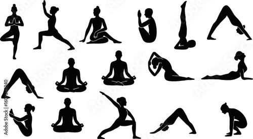 Yoga poses silhouettes vector illustration for fitness and meditation exercise guide and wellness